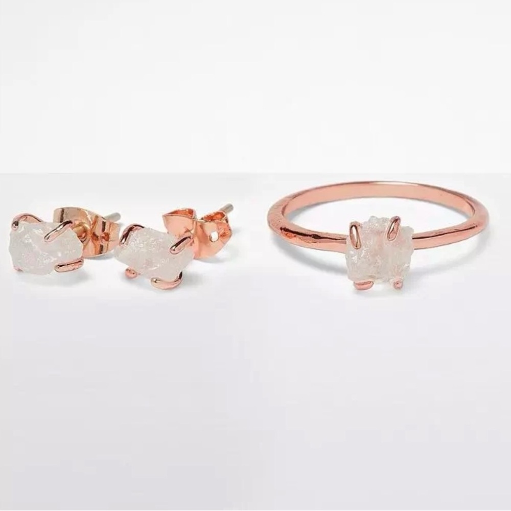 NIB, Pura Vida, Raw Crystal Ring and Earring Set, Size 5